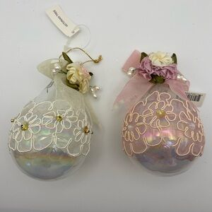 Pair Victorian Style Oval Glass Lace Embellished Ornaments